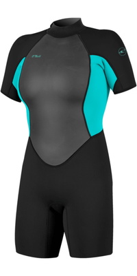 2026 O'Neill Womens Reactor-2 2mm Back Zip Shorty Wetsuit 5043B - Black / Lt Aqua